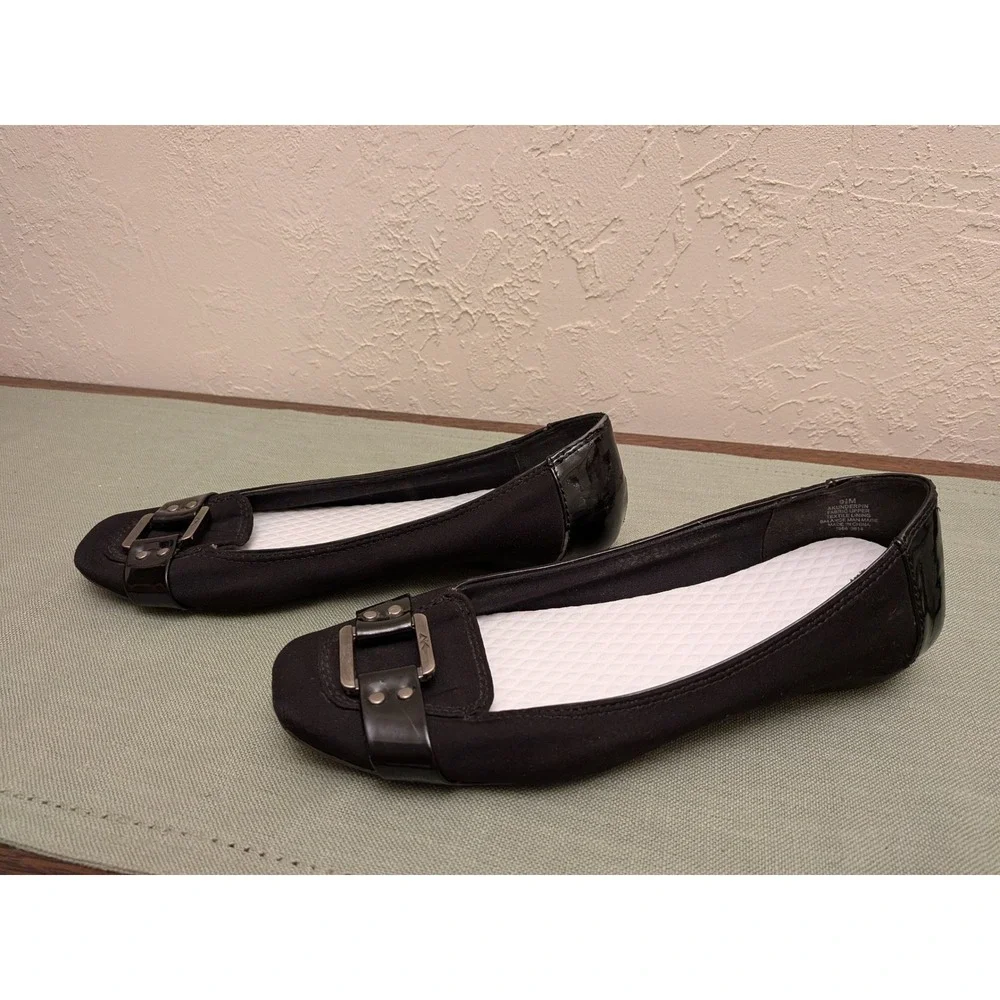 Anne Klein Underpin Black Fabric Patent Buckle Ballet Flats‎ 9.5M
